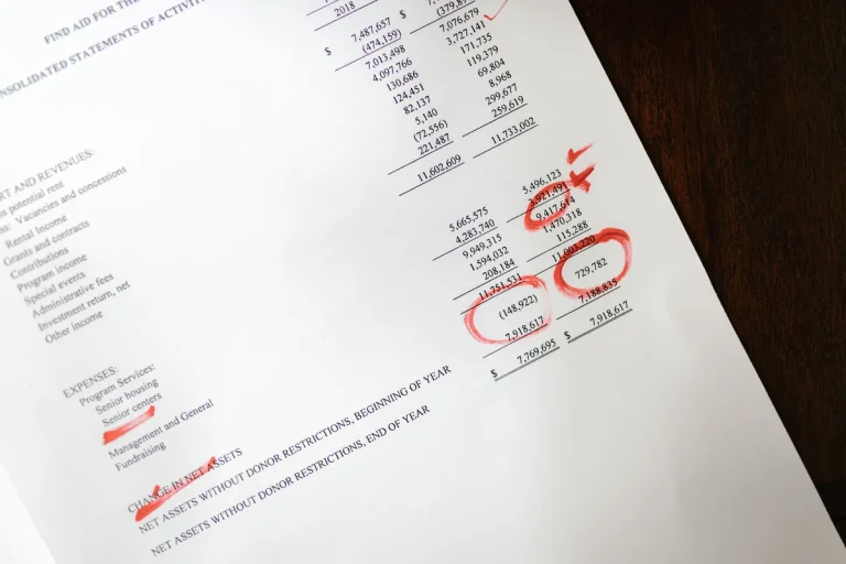 Estados financieros con cifras de ingresos y gastos marcadas en rojo