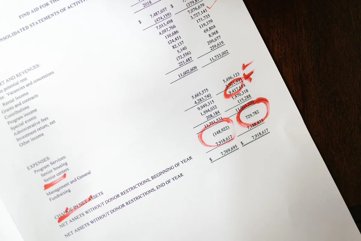 Estados financieros con cifras de ingresos y gastos marcadas en rojo