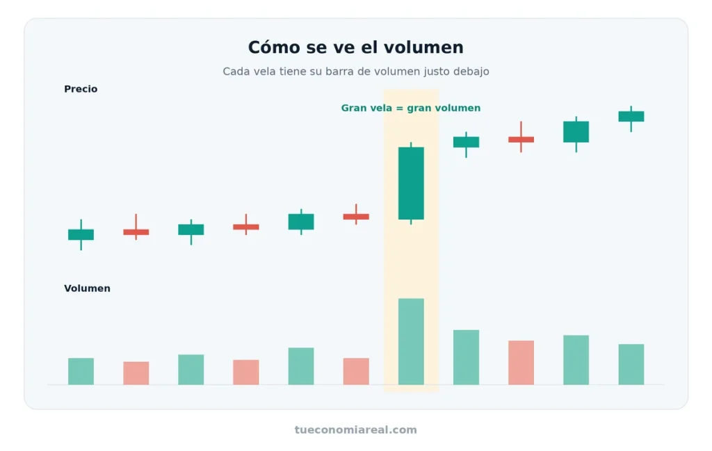 Gráfico de velas con las barras de volumen alineadas en una ventana inferior.